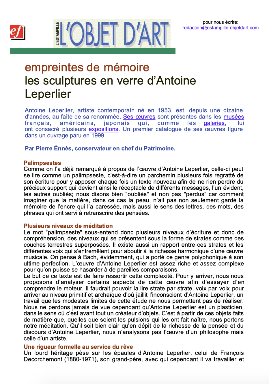 Antoine Leperlier, les métamorphoses du verre.